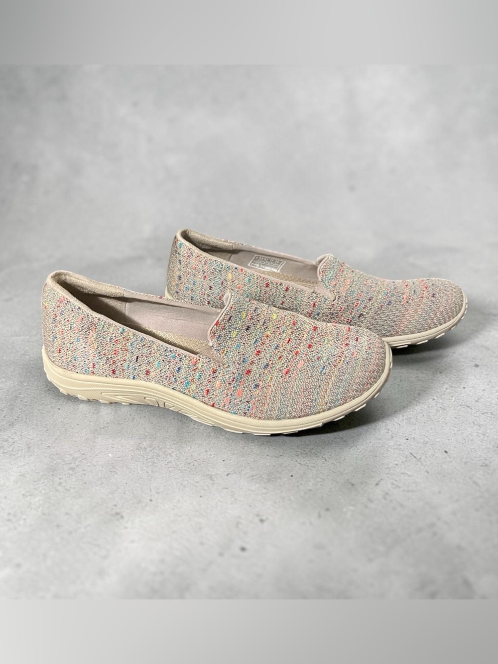 Skechers Beige Knit Slip-On Flats with Multicolor Speckles